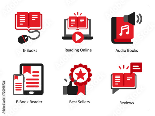 Six business icons in red and black as e books, reading online, audio books
