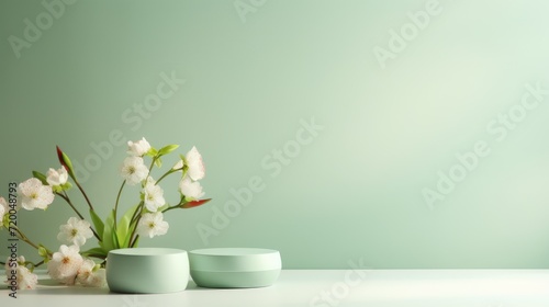 Green spring mockup, product display podium, bloom branches 