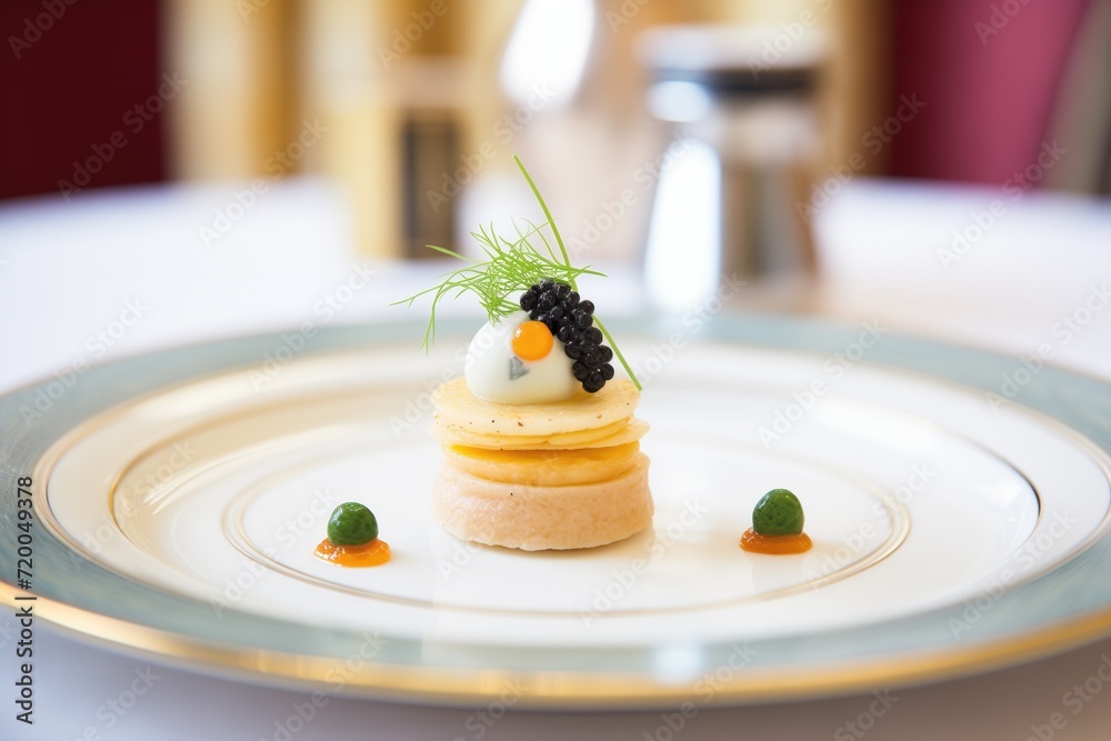 caviar on a small blini with cream and chives - obrazy, fototapety, plakaty 