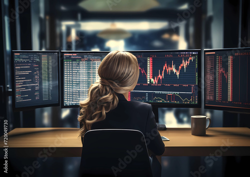 Business woman and man looking at stock market graph on computer screen at office in the evening Generative AI