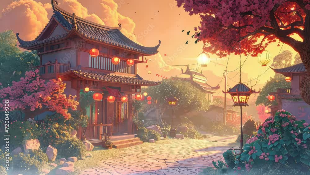 Animation traditional chinese house in the street in the morning. seamless 4k video background. generated with ai
