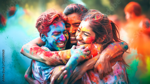 Human figures hugging and laughing  covered in a myriad of Holi colors