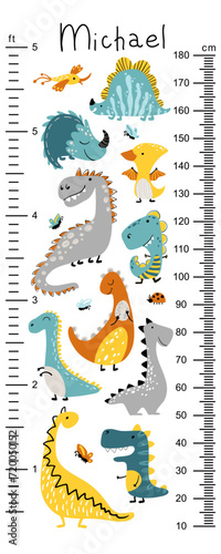 Dino height chart for kids. Cute vector illustration in simple hand-drawn cartoon Scandinavian style. The limited, colorful palette is ideal for printing. Childish meter wall for nursery design.