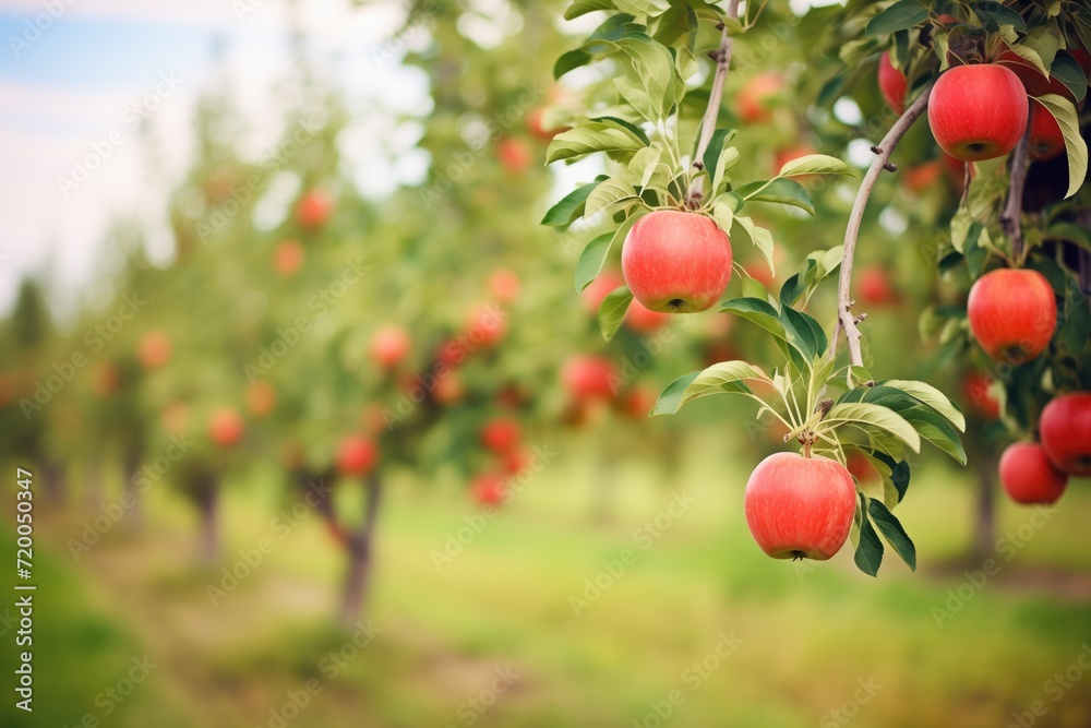 rows of ripe red apples hanging on a tree in an orchard