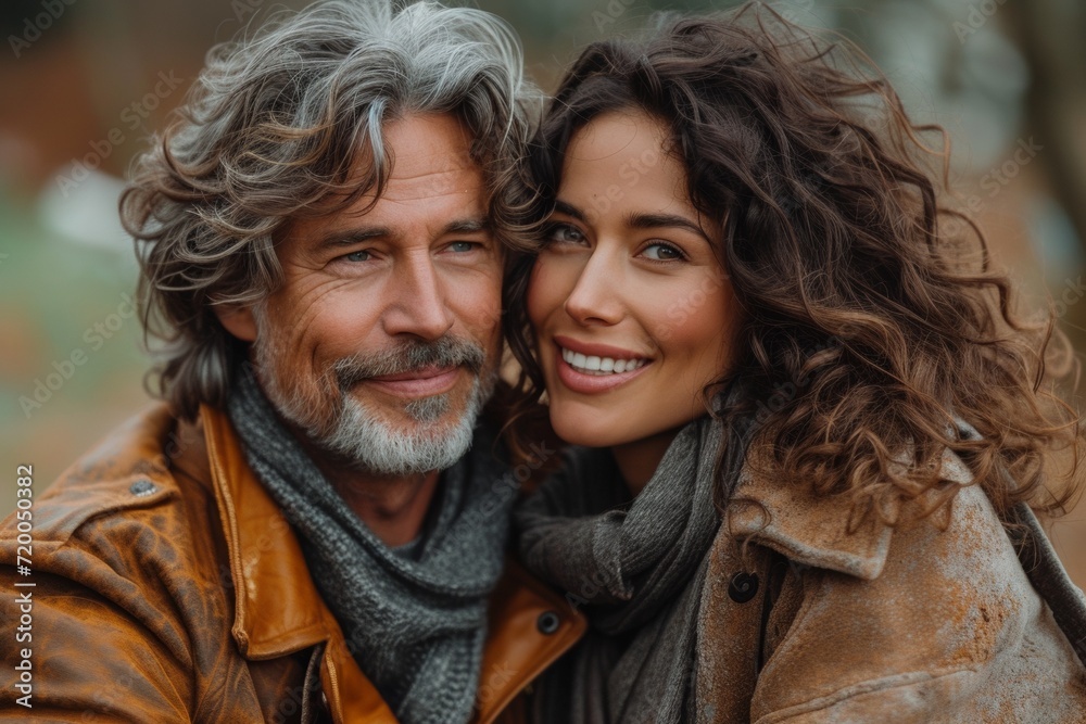 An elderly couple shares love and happiness while enjoying a beautiful autumn day in the park together.