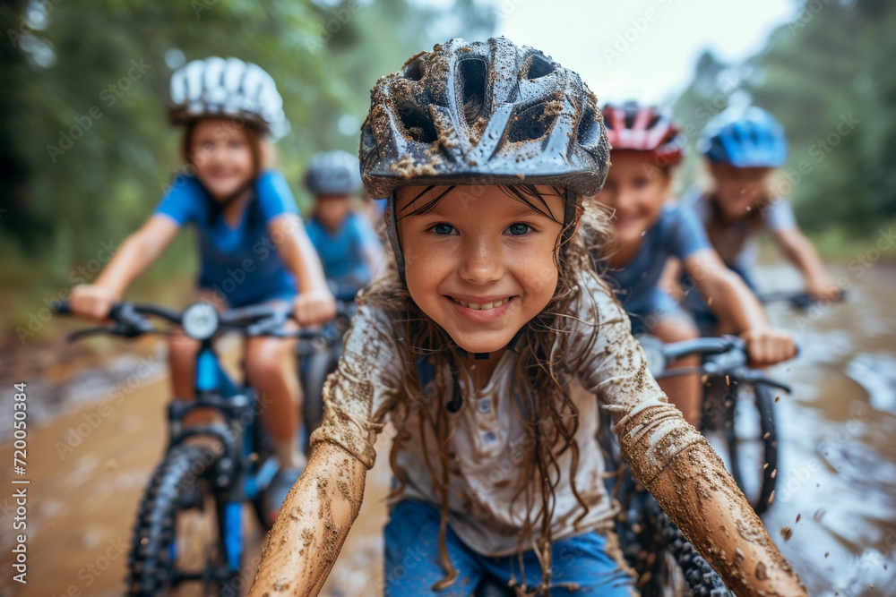 A group of happy children wearing helmets enjoy a summer day riding a bicycle in the park. A group of happy children wearing helmets enjoy a summer day riding a bicycle in the park.