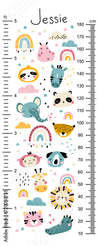Kids height chart with cute animal faces and rainbows in the clouds. Cute vector illustration in simple hand-drawn cartoon Scandinavian style. Limited palette. Childish meter wall for nursery design.