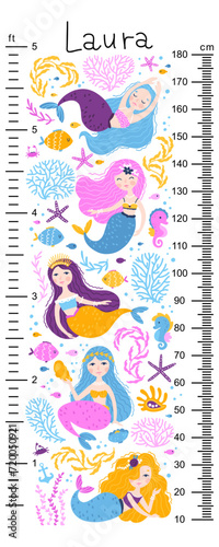 Kids height chart with mermaids. Cute vector illustration in simple hand-drawn cartoon Scandinavian style. The limited palette is ideal for printing. Childish meter wall for nursery design.