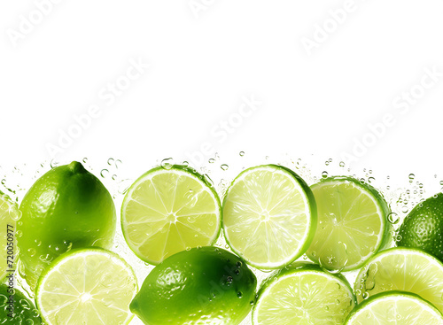 Fresh green limes splashed with water on white background