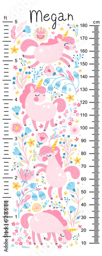 Kids height chart with unicorns in flowers. Cute vector illustration in simple hand-drawn cartoon Scandinavian style. The limited palette is ideal for printing. Childish meter wall for nursery design.