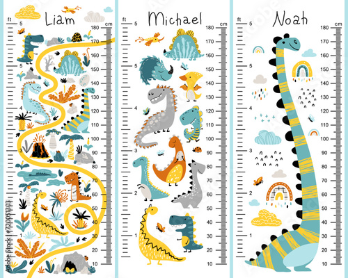 Dino height chart set for kids. Cute vector illustration in simple hand-drawn cartoon Scandinavian style. The limited, colorful palette is ideal for printing. Childish meter wall for nursery design.
