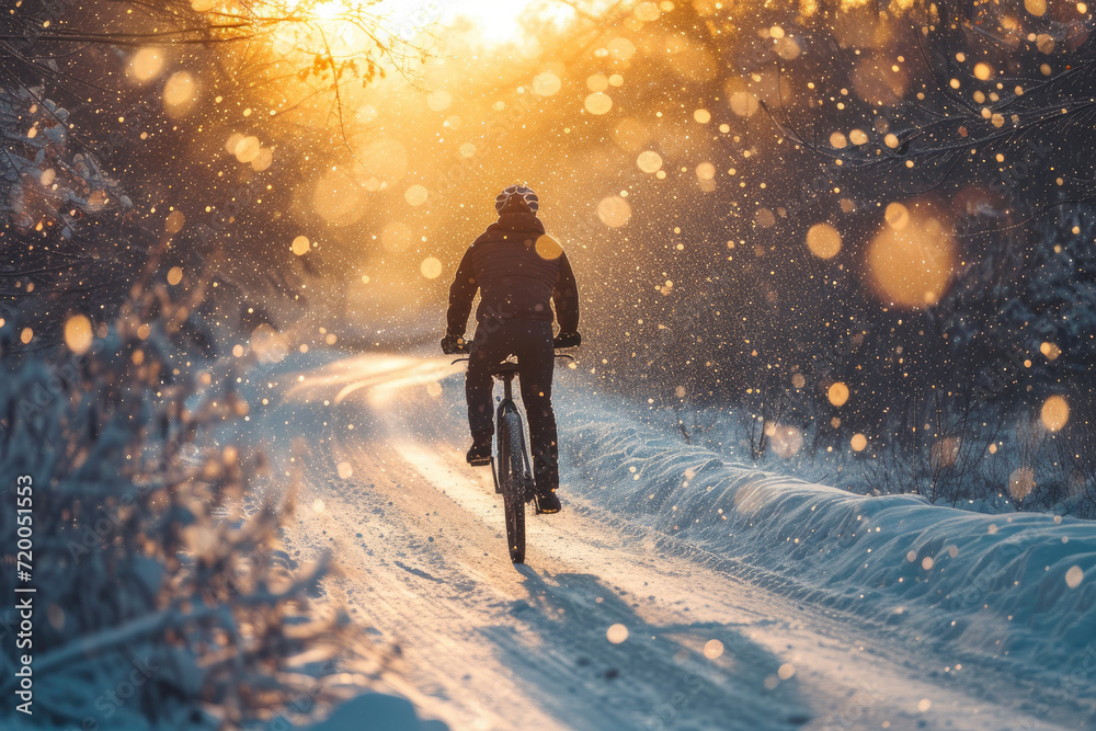 Winter cycling, a man riding a bicycle in snow