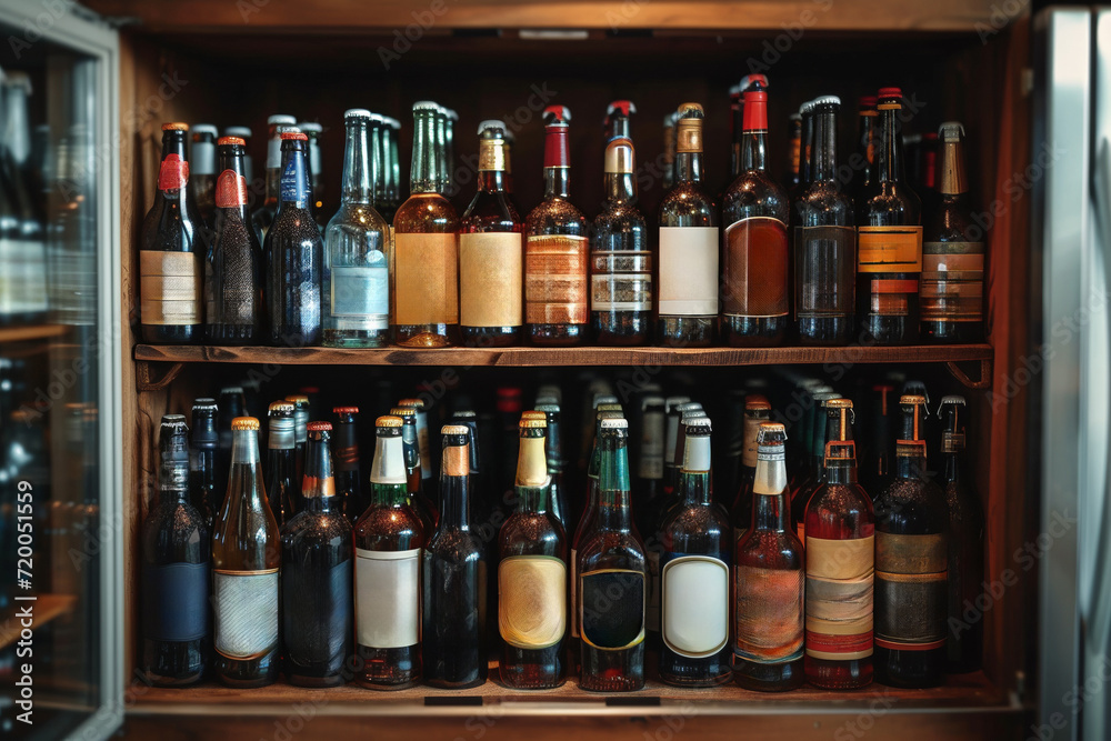 Obraz premium Assorted alcoholic drinks on a bar shelf.