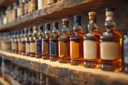 Assorted alcohol bottles in the bar: a varied collection of whiskey, scotch and other alcoholic drinks is presented. photo