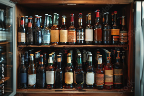 Assorted alcoholic drinks on a bar shelf. photo