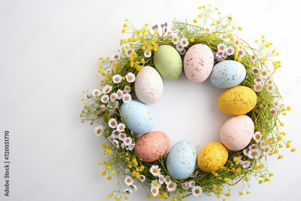 Happy Easter banner with a fancy wreath of Easter eggs and spring flowers, on a white background.