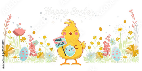 Happy Easter banner with a cheerful Easter chick holding a Happy Easter sign surrounded by blooming flowers and colorful eggs on a clean white surface.