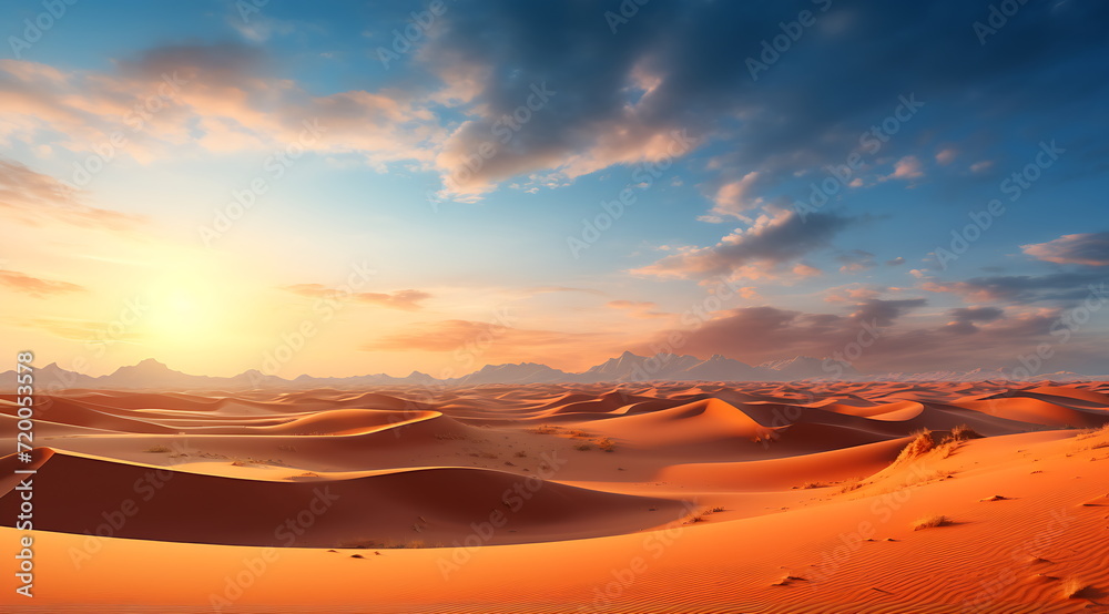 a desert filled with sand dunes and sunset, generative ai