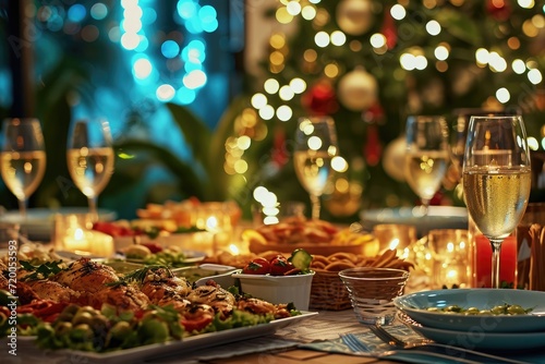 Dining table full of dishes with food,drinks and snacks with night lights bokeh background