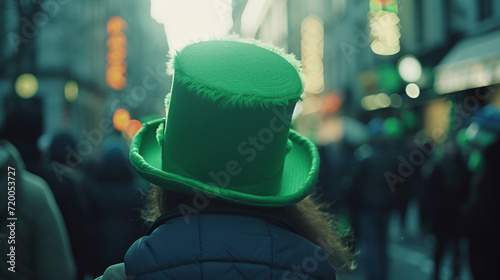 Una chica paseando por Dublin con un gorro verde el día de San Patricio photo
