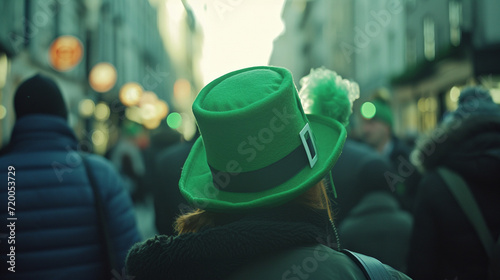 Una chica paseando por Dublin con un gorro verde el día de San Patricio	 photo