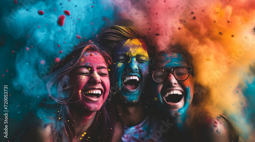 Joyful faces in a cloud of colorful powder