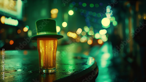 Una cerveza con un gorro verde de San Patricio en medio de una calle de Dublin photo
