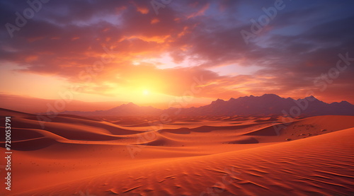 a desert filled with sand dunes and sunset, generative ai