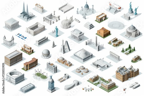 Isometric Vector Art Sprite Sheet, Highlighting Various Architectural Styles and Building Types, on a White Canvas, Generative AI