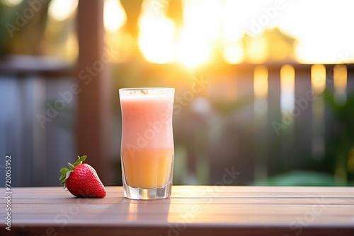 sunrise backlighting a chilled glass of strawberry drink