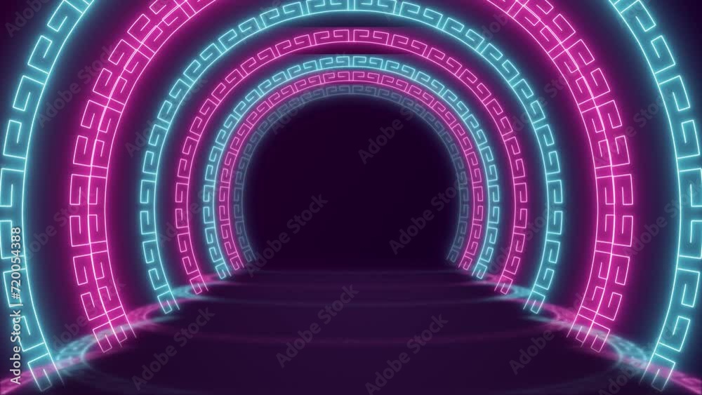 Chinese frame gate door in modern color neon light tunnel seamless loop background animation
