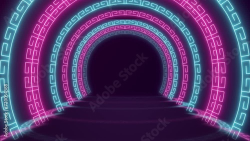 Chinese frame gate door in modern color neon light tunnel seamless loop background animation