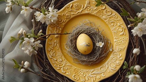 Easter Day background with easter egg placing on vintage pastel yellow plate with nest and decorated with flower © Wipada