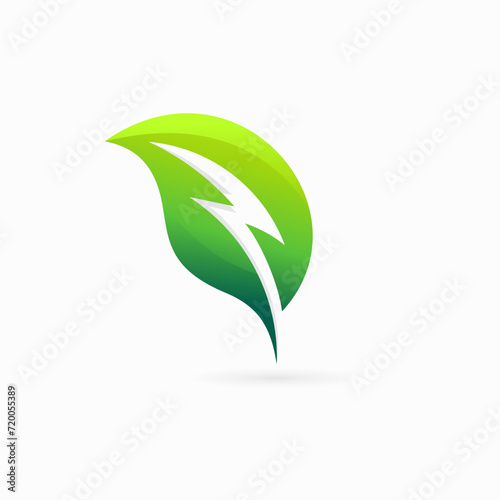 renewable energy sign with leaf and thunder light shape logo combination