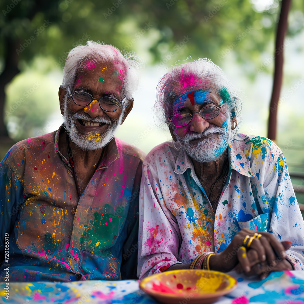 Elderly couple celebrating Holi with laughter and vibrant colors on a clean slate