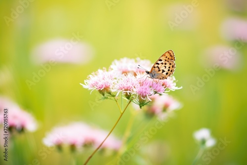 butterfly on pink wildflower with green meadow background