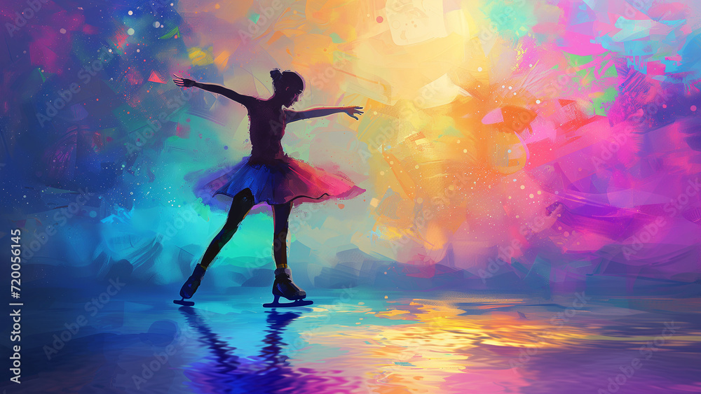 Neon Elegance: Figure Skating Dancing Girl in Watercolor