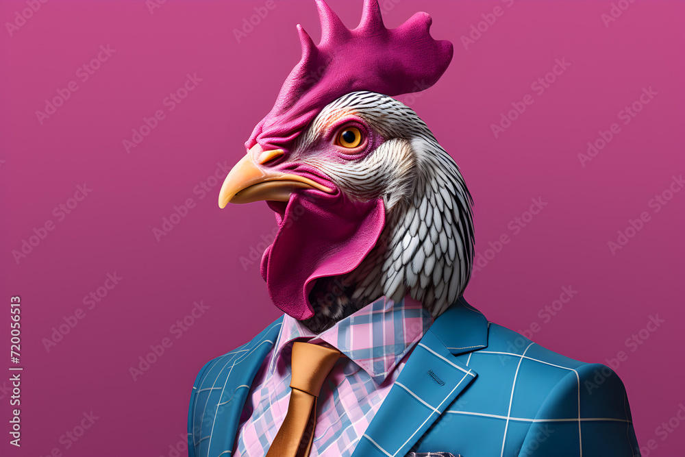 Rooster in Suit and Tie With Pink Background. Generative AI.