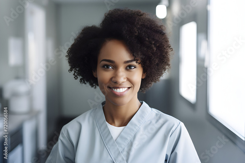 A black woman wearing a hospital lab coat smiling. Nurse. Doctor