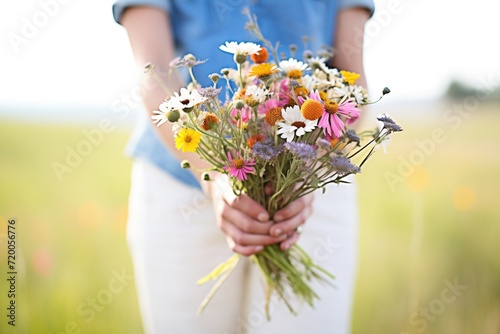 hand holding a bunch of freshly picked wildflowers in a meadow
