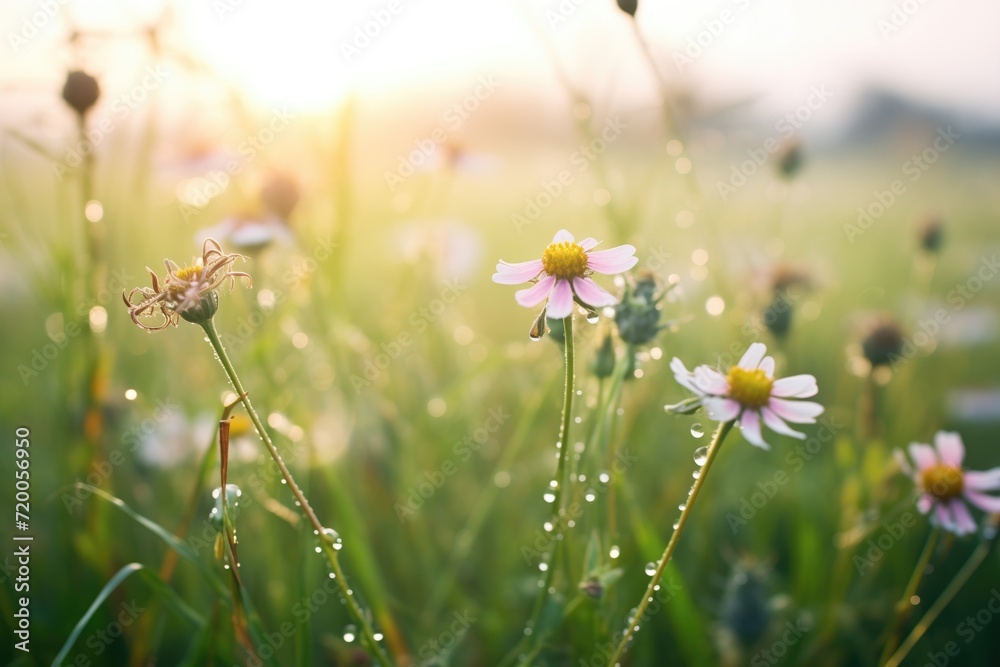 dew drops on petals in a misty wildflower field at dawn