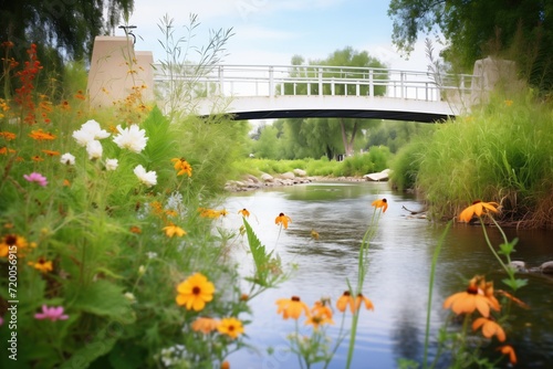 Valokuvatapetti footbridge over creek with wildflowers on riverbanks