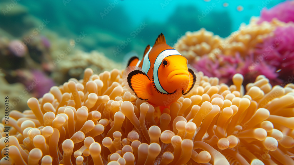 Orange clownfish swim among the tentacles of anemones, symbiosis of fish and anemones. A group of clown fish swimming in an anemone. Clownfish anemone fish in tropical saltwater coral garden  - obrazy, fototapety, plakaty 