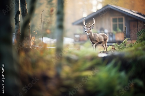 wildlife near a wood cabin: a deer in the distance © primopiano