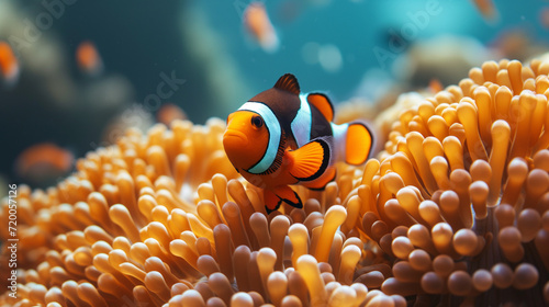Orange clownfish swim among the tentacles of anemones, symbiosis of fish and anemones. A group of clown fish swimming in an anemone. Clownfish anemone fish in tropical saltwater coral garden 