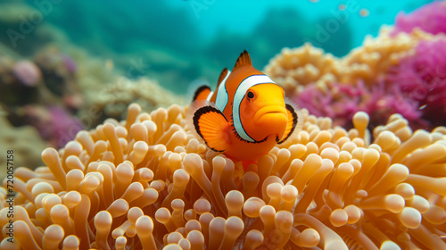 Orange clownfish swim among the tentacles of anemones, symbiosis of fish and anemones. A group of clown fish swimming in an anemone. Clownfish anemone fish in tropical saltwater coral garden 