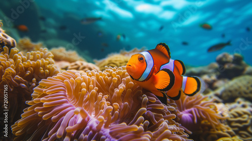 Orange clownfish swim among the tentacles of anemones, symbiosis of fish and anemones. A group of clown fish swimming in an anemone. Clownfish anemone fish in tropical saltwater coral garden 