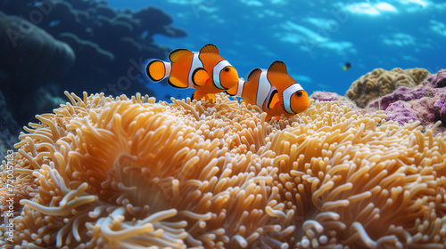 Orange clownfish swim among the tentacles of anemones, symbiosis of fish and anemones. A group of clown fish swimming in an anemone. Clownfish anemone fish in tropical saltwater coral garden 