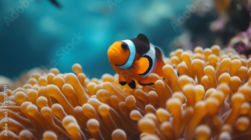 Orange clownfish swim among the tentacles of anemones  symbiosis of fish and anemones. A group of clown fish swimming in an anemone. Clownfish anemone fish in tropical saltwater coral garden 