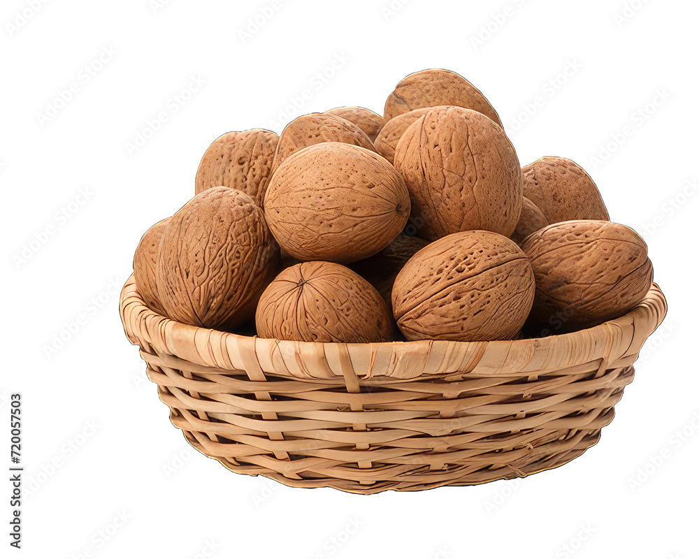 Nutmeg in bamboo basket on white png background. Nutmeg isolated on white png transparent background Nutmeg in bamboo basket on white png background. Nutmeg isolated on white png transparent background